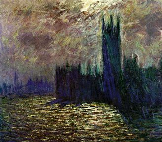 Claude Monet's painting 'House of Parliament.'  It is all dark and smoggy looking.